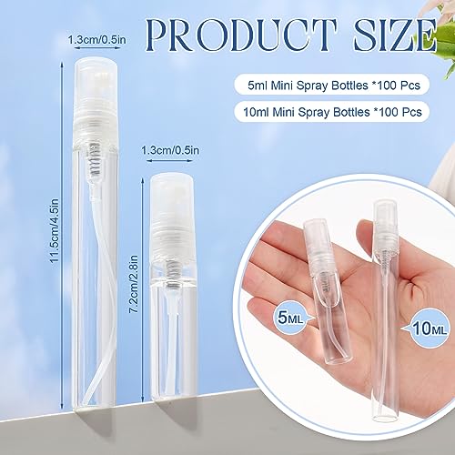 Mini Glass Spray Bottles 5ml & 10ml - 200 Pack Travel Perfume Atomizers Clear Cap