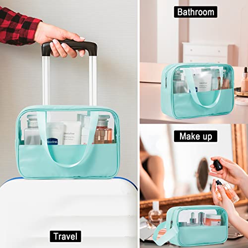 3 Pack/Size Waterproof Travel Toiletry Bag, Clear Cosmetic Makeup Bags PVC and Mint Green PU Splicing, TSA Approved Carry on Pouch, Portable Travel Organizer for Vacation, Bathroom, Airplane