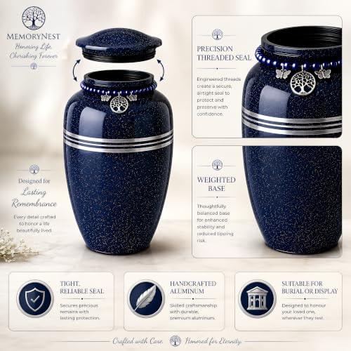 Blue Metal Cremation Urn for Adults 220 lbs - MemoryNest Memorial Urn with Silver Bands & Tree of Life Charm