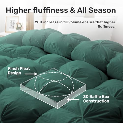 Queen Size Goose Feather Down Fiber Comforter - Green, Pinch Pleat Design