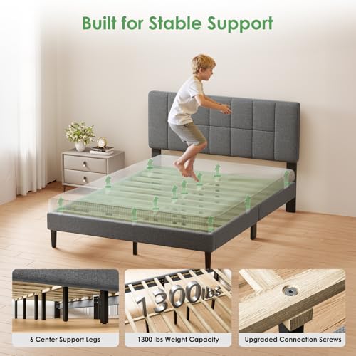 Dark Gray Full Size Upholstered Bed Frame with Headboard, Adjustable, Sturdy 12-Leg Wood Support
