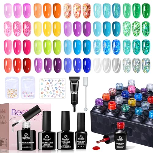 Beetles Jelly Gel Nail Polish Set - Sunbeam Jelly 20 Neon Rainbow Colors with Glitter & Rhinestones