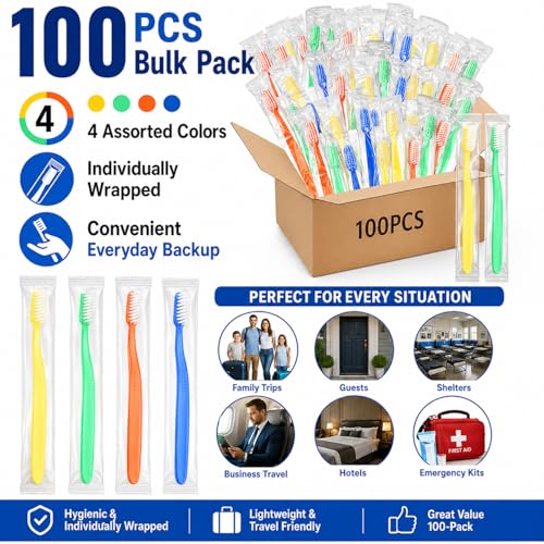 100 Pcs Prepasted Disposable Toothbrushes Bulk Individually Wrapped - Travel & Hotel Use