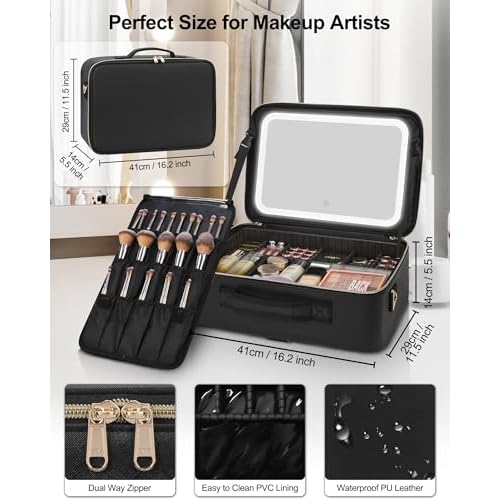 Relavel Travel Makeup Bag With LED Mirror, 16.2" Large Makeup Train Case, 3 Color Scenarios Adjustable Brightness, Waterproof Makeup Train Case Organizer with DIY Dividers for Makeup Artist, Black