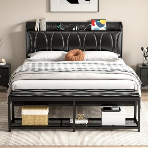 VECELO Full Size Platform Bed Frame with Upholstered Headboard & Storage Bench, Black