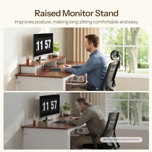 Farmhouse Style Computer Desk with Charging Station and Monitor Stand, Small Office Desk, White & Walnut
