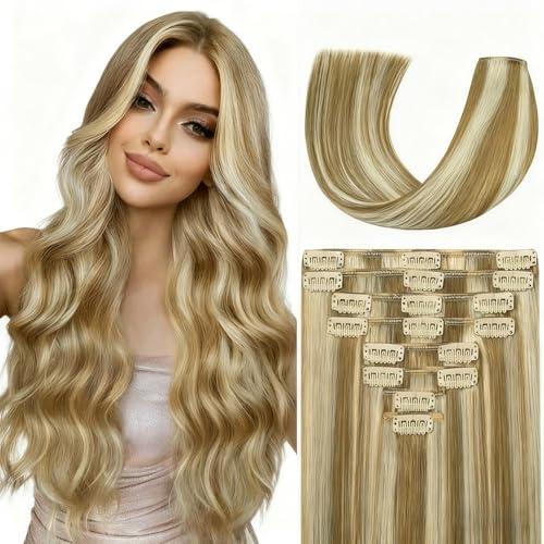 Clip in Hair Extensions Light Blonde Highlighted Golden Blonde 16 Inch 90g - Real Human Hair Remy Set