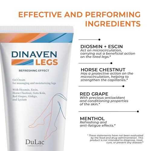 Dulac, Dinaven Legs Gel Cream, Cooling & Refreshing, with Diosmin & Menthol, Horse Chestnut Extract, Butcher's Broom & Red Vine, Fast-Absorbing, Non-Greasy, Daily Leg Care, 6.76 fl oz, Made in Italy