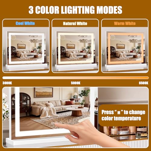 White 23x19 Inch LED Lighted Vanity Mirror with 3 Color Modes & Dimmable Brightness