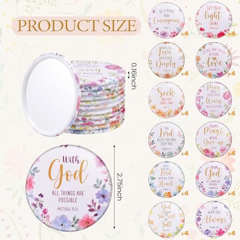 Geelin 48 Pcs Christian Compact Mirrors Christmas Bulk Gifts Floral Bible Verse Mirror for Women Portable Pocket Purse Makeup Mirror Inspirational Religious Group Gift for Sunday Church Party Favors