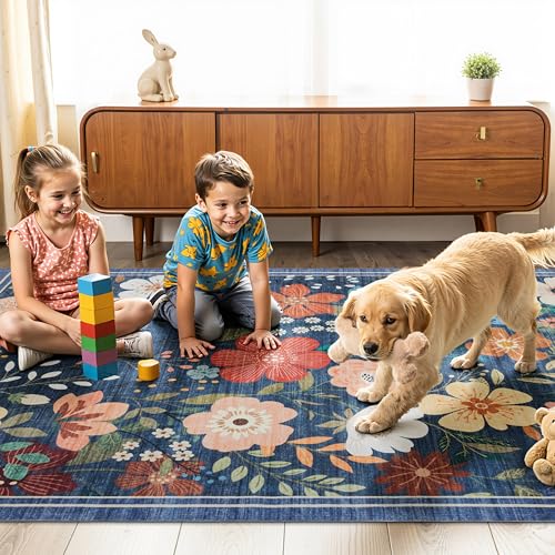 Blue Floral Washable Area Rug 8x10 - Ultra Soft, Non-Slip, Pet Friendly