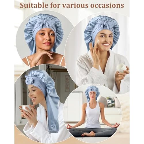 AWAYTR Long Silk Bonnet for Sleeping - 100% Mulberry Silk Bonnet for Women Long Hair Sleep Cap with Elastic Tie Band (Haze Blue)