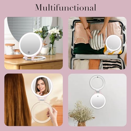 FASCINATE Pink Double-Sided Lighted Travel Magnifying Mirror with 10X/1X LED Lighting
