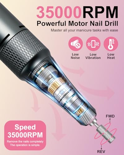 Pink Cordless Professional Nail Drill Kit 35000RPM with LCD Display & 14 Bits