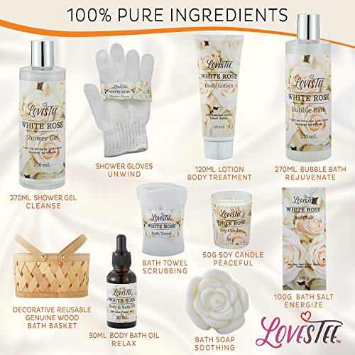 Mothers Day Gifts Bath & Body Spa Gift Basket for Women, Best Gift for Mother's Day & Birthday, White Rose Set Body Lotion, Shower Gel, Bubble Bath, Bath Salt, Towel, Soap, Oil, Candle, Gloves,