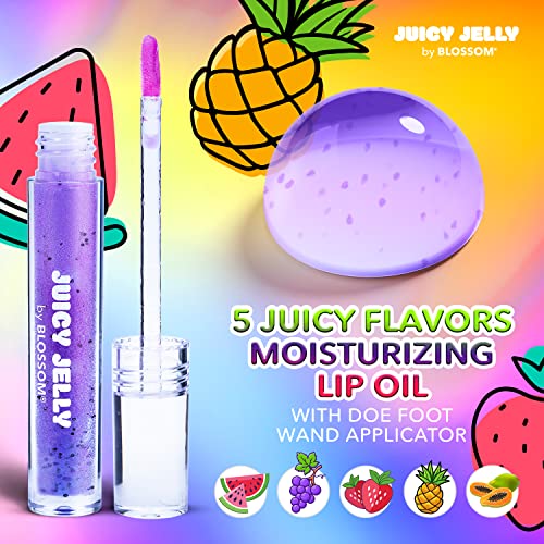 Blossom Juicy Jelly Moisturizing Lip Care Fruit Flavored Nourishing Lip Oil with Doe Foot Wand Applicator, 0.45fl oz, 5 Pack Bundle
