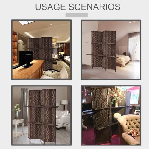 Brown 4-Panel Folding Room Divider with Shelves - 5.9ft Privacy Screen