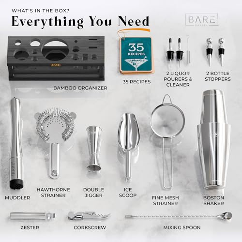 Bartender Kit Bar Set with 28oz Boston Shaker - Silver & Black | 16-Piece Cocktail Mixing Tools & Recipe Cards