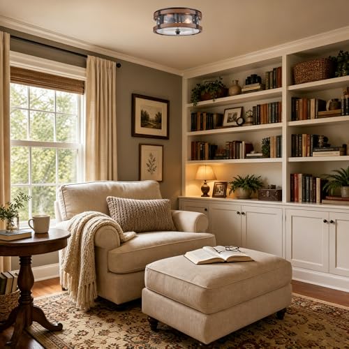 2-Light Ceiling Light with Seeded Glass Shade - Black & Rustic Finish, 4.1 Inch Height