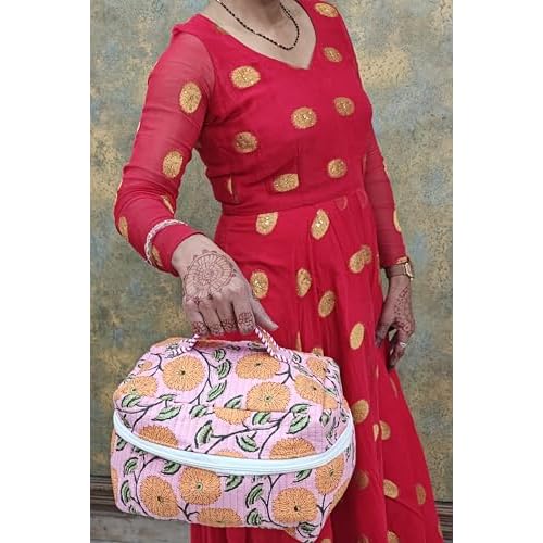 Rastogi Handicrafts Quilted Floral Cosmetic Bag, Organizer Bag Patterns, Striped Handle, Zipper Closure, Travel Make up Storage (Orange)