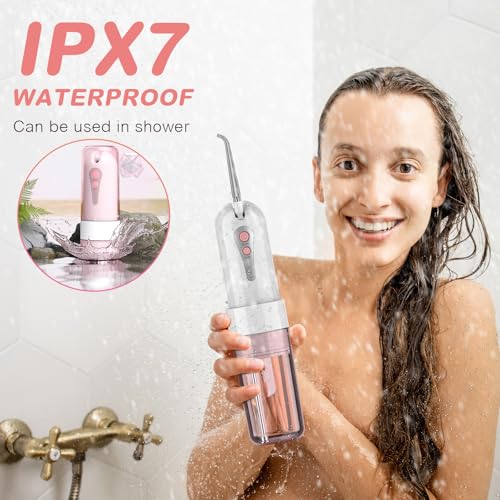 Portable Water Flosser with Travel Case - Rechargeable IPX7 Waterproof Oral Irrigator Pink - 5 Jet Tips & 4 Modes