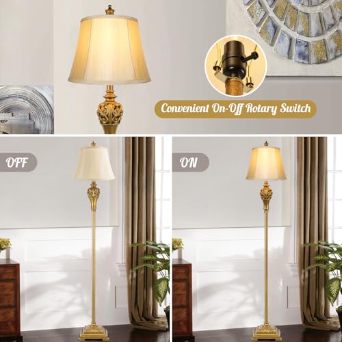 Vintage Floor Lamp with Cream Faux Silk Shade - Tall Standing Brass & Resin Design, 63.8in, Cream & Brass Variation