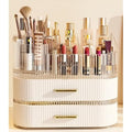 Makeup Organizer with Drawers and 360¡Æ Rotating Brush Holder, Large Capacity Cosmetic Storage for Vanity, Skincare, Perfume, Hair Accessories, Lipstick & Jewelry (Cream White, 3-layer)