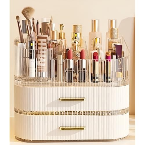 Makeup Organizer with Drawers and 360¡Æ Rotating Brush Holder, Large Capacity Cosmetic Storage for Vanity, Skincare, Perfume, Hair Accessories, Lipstick & Jewelry (Cream White, 3-layer)