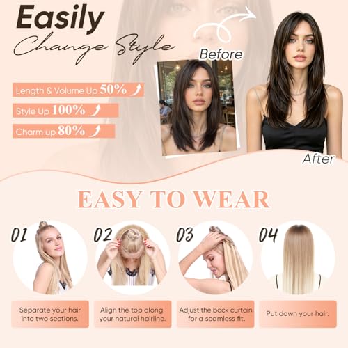LOUMTE Dark Brown Hair Extensions 20 Inch 105g - Remy Human Hair, Seamless Fish Line, Easy Clip-In - Variation 2#