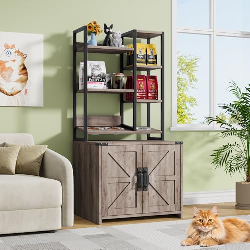 Grey Cat Litter Box Enclosure with 4 Shelves & Doors, Fits Most Sizes