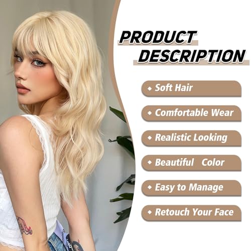 Blonde Wigs for Women 22 Inch Platinum Curly Wig with Bangs Synthetic Hair