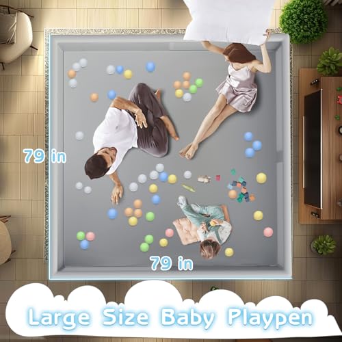 Large Baby Playpen 79x79 Inch - Grey, Safe Toddler Play Area