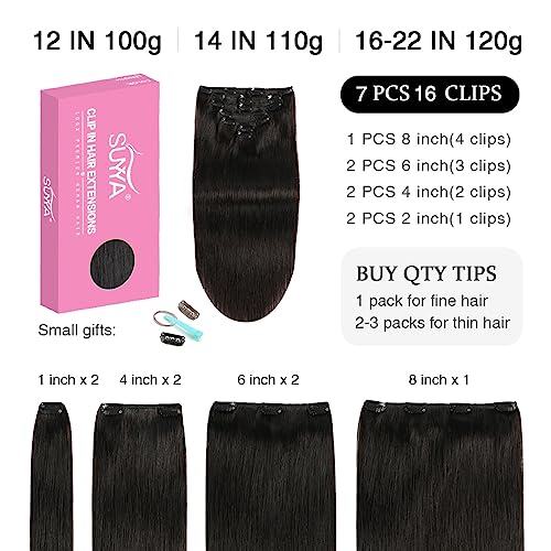 Clip-In Hair Extensions Human Hair 16 Inch Off Black #1B - Thick 120G