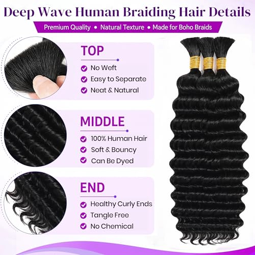 Boho Human Hair Braiding Extensions - 14 Inch #1B Natural Black, 3 Bundles