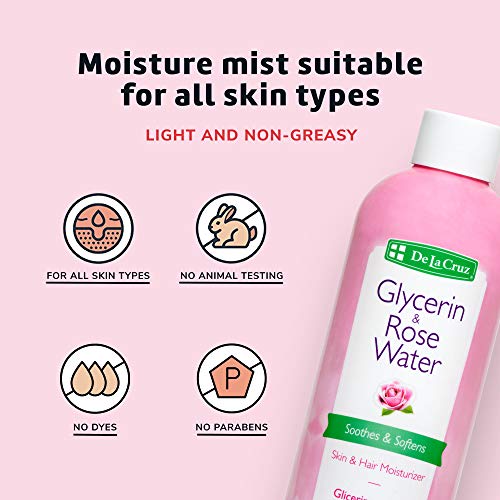De La Cruz Rose Water and Glycerin for Face Bundle ? Rosewater Facial Toner and Moisturizer for Skin and Hair - 8 fl oz + 16 fl oz Refill Bottle