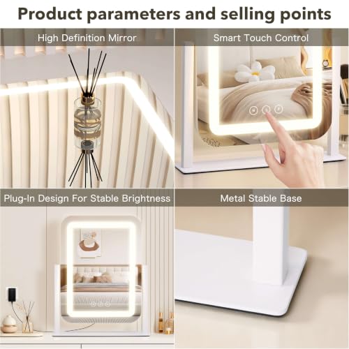 White 13.9"×12" Lighted Makeup Mirror with LED Lights & Touch Control