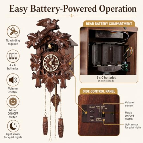 Handmade Wooden Cuckoo Clock - Black Forest Wall Clock with Automatic Night Silence