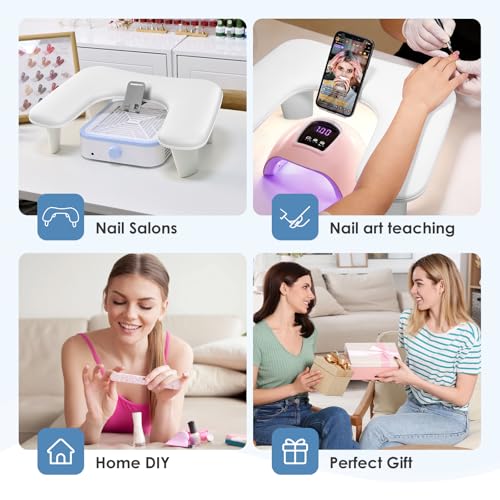 LIONVISON Arm Rest for Nails Tech: U Shaped Ergonomic Nail Hand Rest Stand PU Leather with Rotating Phone Holder for Nail Salon Manicurist (White)