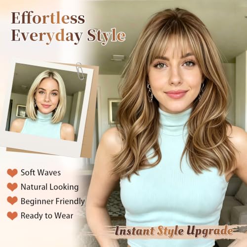 Light Brown Synthetic Wig with Bangs & Blonde Highlights - Realistic 4x4 Scalp, Layered Style for Women