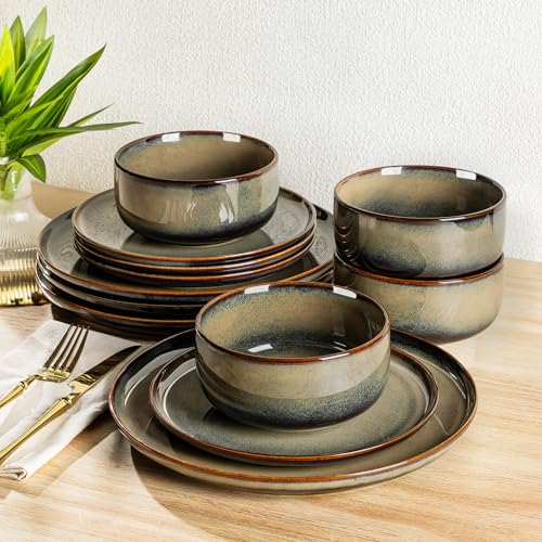 TheTerra 12-Piece Mocha Brown Ceramic Dinnerware Set for 4 - Handcrafted, Durable, Microwave & Oven Safe