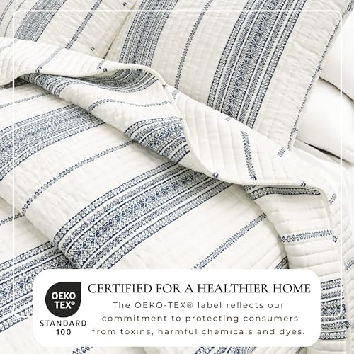 King / California King Striped Quilt Set - Cream & Navy Farmhouse Bedding, 3-Piece