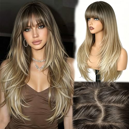 Ombre Blonde Wig with Bangs, Long 26 Inch Layered Synthetic Wig - Dark Root to Honey Blonde, Variation #Ombre Dark Root to Honey Blonde / 26 Inch