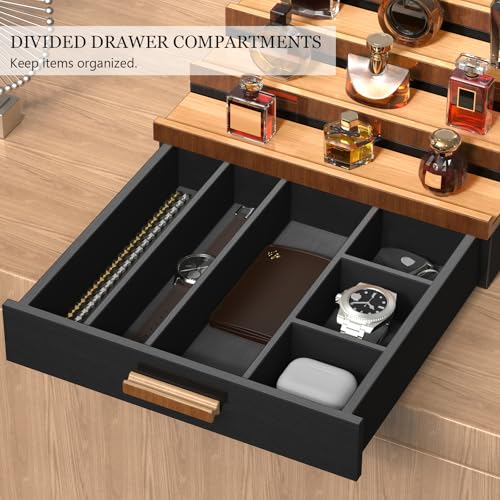 Wooden Cologne Organizer for Men 4 Tier of Perfume Display Holder of Drawer & 2 Hidden Compartments Larger Storage Space Mens Perfume Organizer Shelf Stand,Gift for Man (4T-Black Walnut)