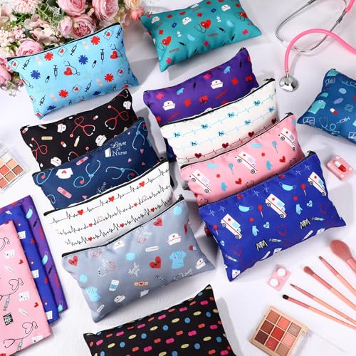 Hillban 36 Pcs Nurse Gifts for Women Makeup Bags Survival Kit Cosmetic Bags Birthday Christmas Gifts for Nurse Practitioner Nursing Zipper Pouch Supplies, 12 Styles