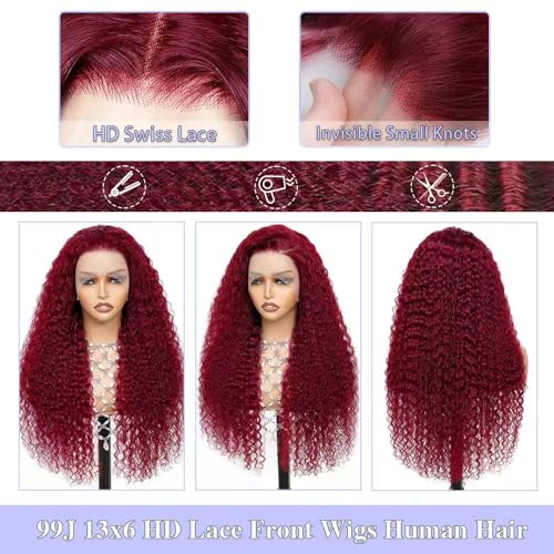 18 Inch Burgundy Deep Wave Lace Front Wig - Human Hair 99J, 13x6