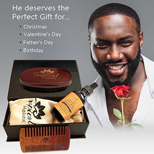Men's Natural Beard Grooming Kit with Oil, Boar Bristle Brush & Comb – Travel Set