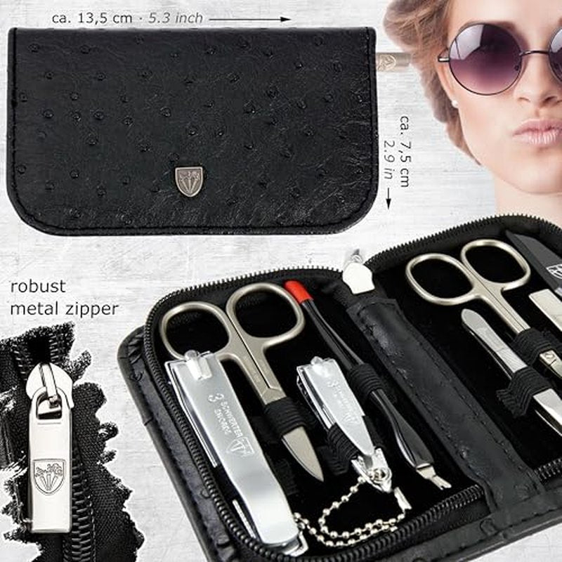 3 Swords Germany ? brand quality 8 piece manicure pedicure grooming kit set for professional nail care with synthetic leather case ostrich black - Made in Germany
