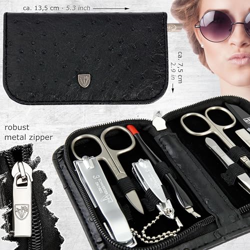 Manicure Pedicure Grooming Kit - 8-Piece Nail Care Set in Black Ostrich Leather Case - Made in Germany