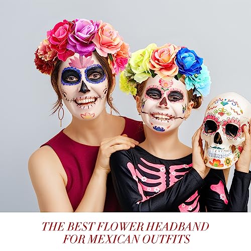 6 Pcs Mexican Fiesta Flower Crown Headbands for Women - Colorful & Elegant