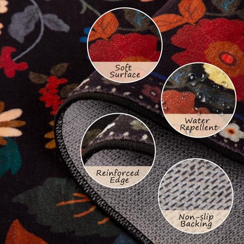 Floral Washable Area Rug 8x10 Black - Non-Slip, Pet-Friendly, Machine Washable